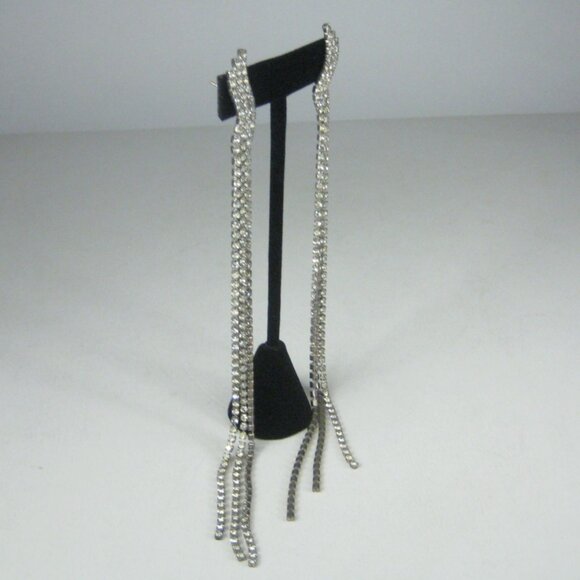 Long Silver Tone Rhinestone Dangle Earrings 8 Inch Drop Statement Sparkle Party - Picture 7 of 8